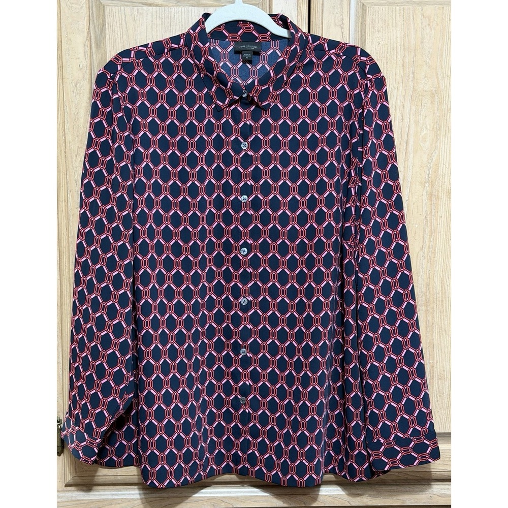 J Jill Tunic Top Blouse Women's XL Red Geometric Wearever Easy Care Long Sleeve